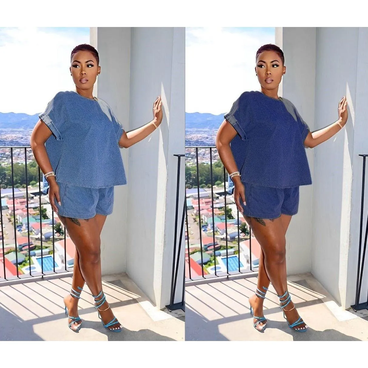 Denim Short Sleeve Top & Pants 2 Piece Set