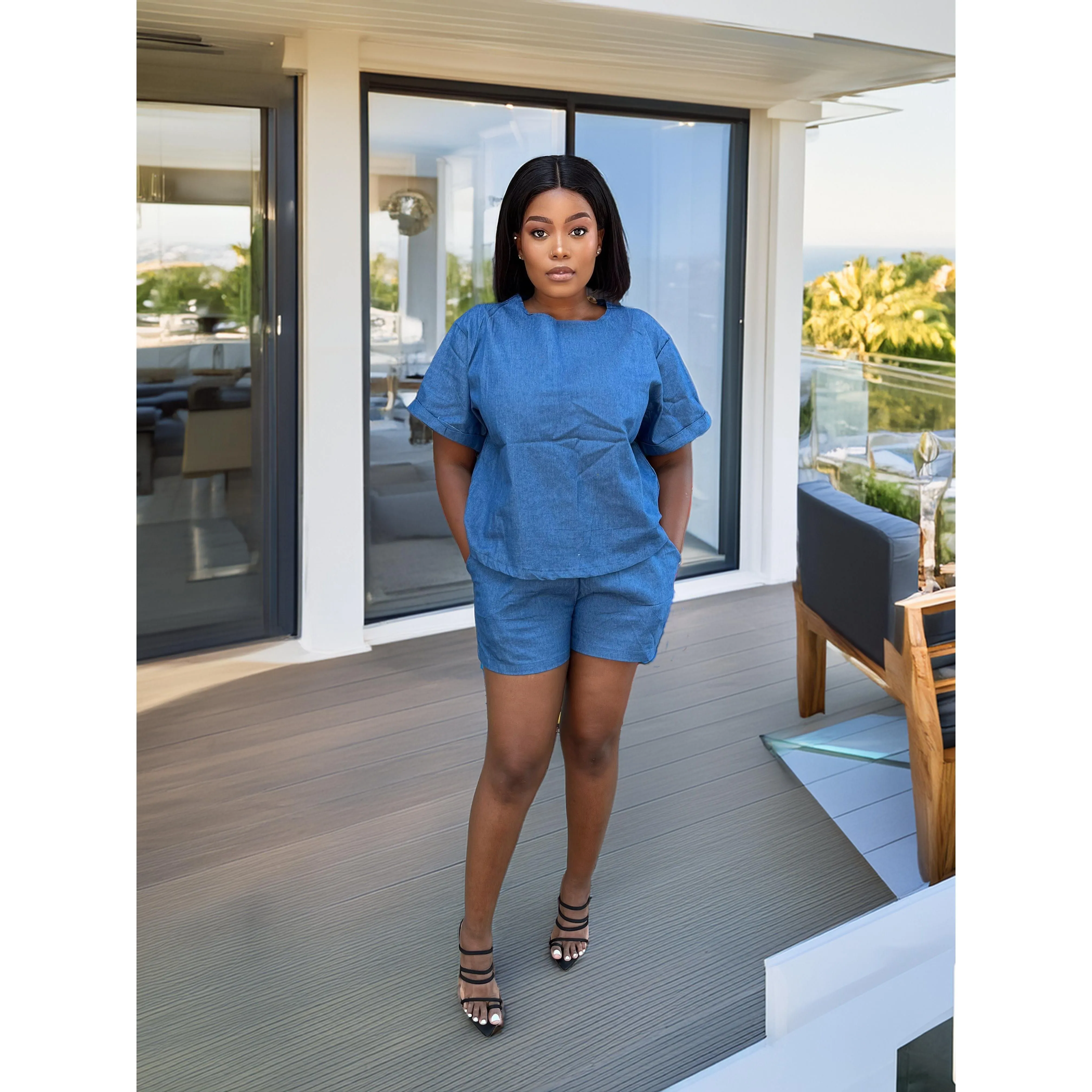 Denim Short Sleeve Top & Pants 2 Piece Set
