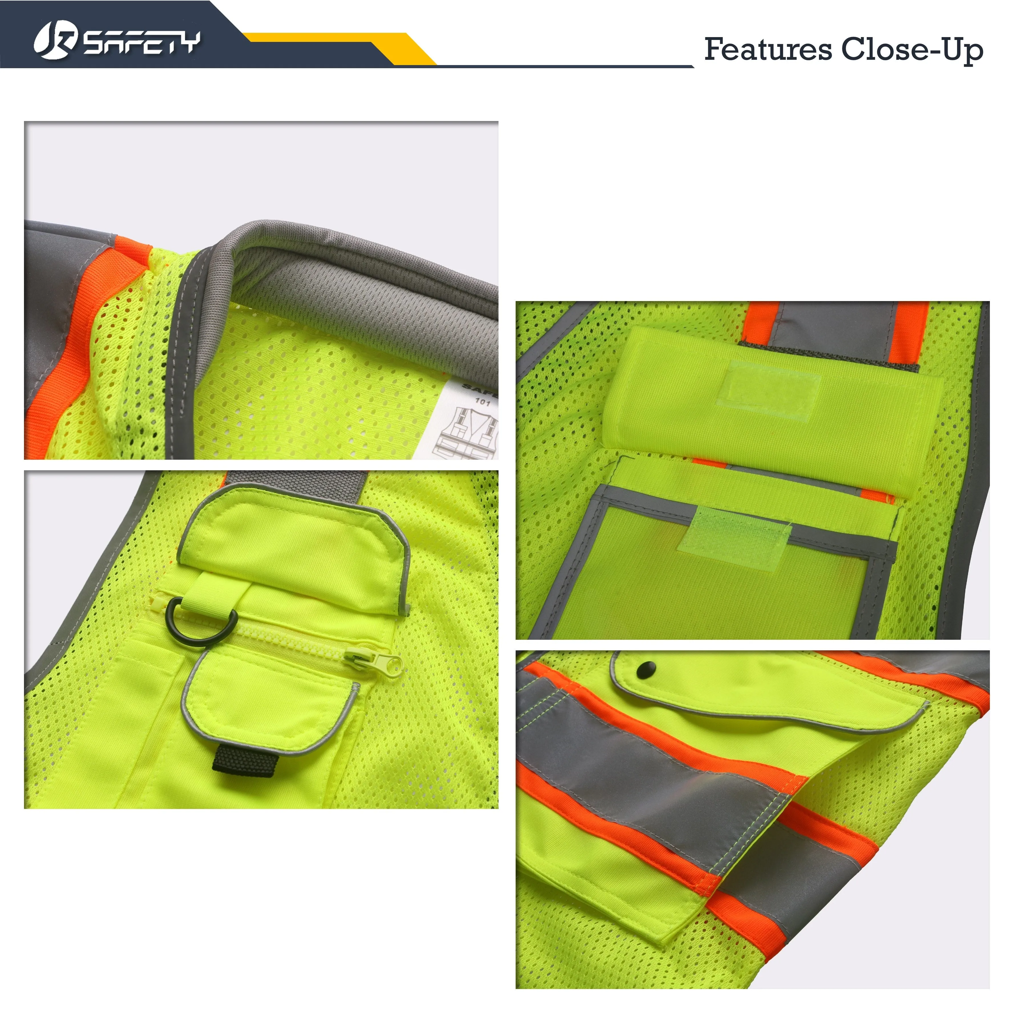 JKSafety 9 Pockets Mesh Two-Tone Hi-Vis Reflective Safety Vest, Cushion Collar (JK101)