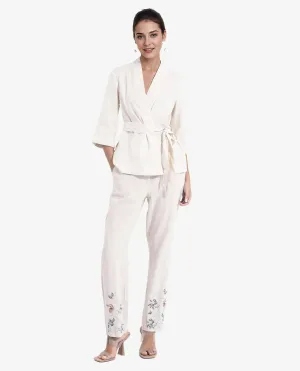 Rareism Women Costa-B Light Beige Cotton Linen Fabric Regular Length Trouser